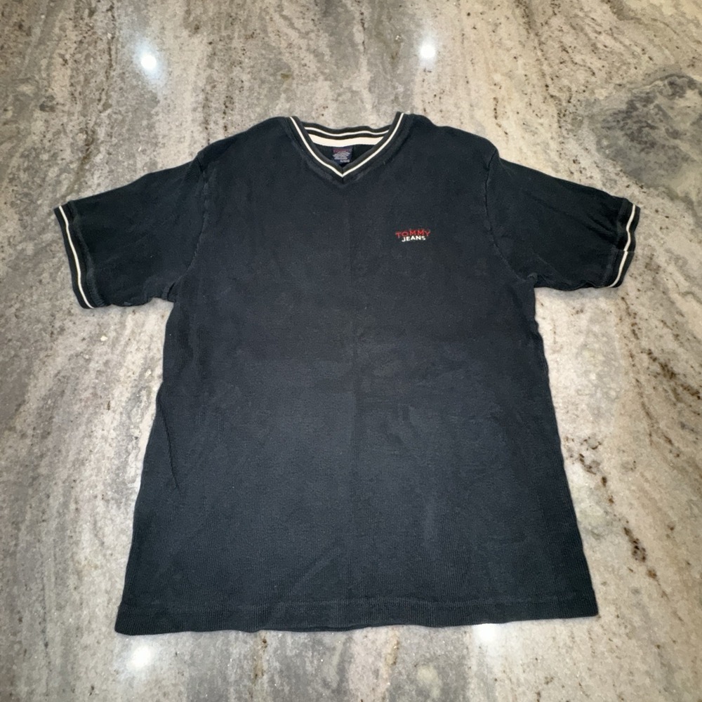 Vintage Tommy Hilfiger Men's‎ XL 100% Cotton Black Ribbed Shirt Y2K 90s